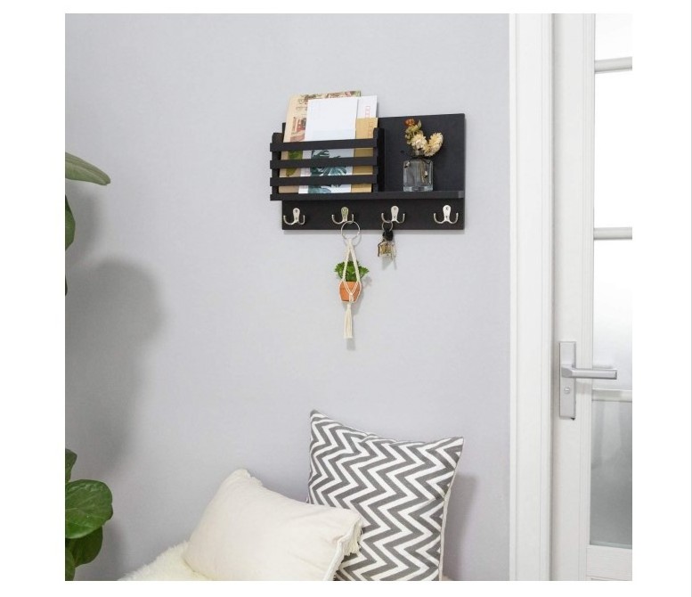 Bamboo Wall Mounted clothing rack Document Holder Mail Sorter Organizer with 4 Double Key Hooks wall mount coat rack