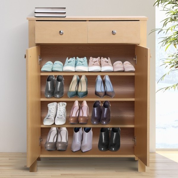 Shoes Cabinet Rack, 2-Doors, 16 Pairs, 80Wx34Dx104H cm-Natural Wood Colour wood shoe storage cabinet