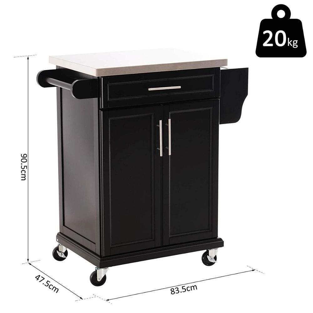 Wooden Kitchen Cart Serving Trolley Storage Cabinet Cupboard with Stainless Steel Top