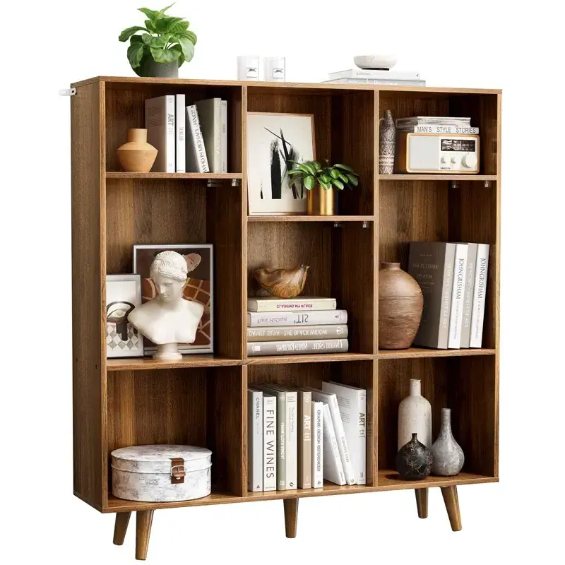 9-Cube Wooden Bookshelf - 3 Tiered Open Horizontal Display Organizer Bookcase Storage Cabinet for Living Room Bookcase