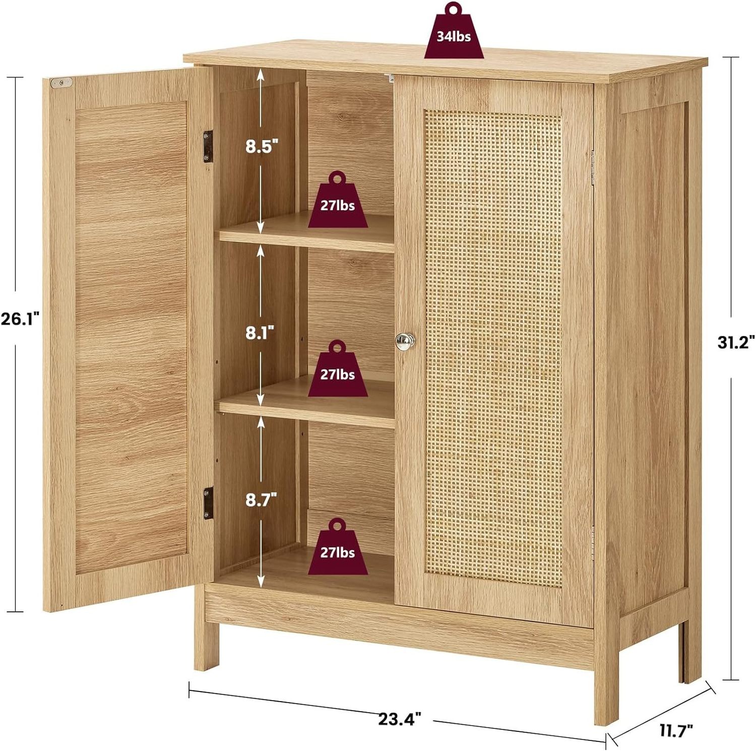 wooden Accent Storage Cabinet with Rattan Doors, Bathroom Storage Cabinet with Adjustable Shelf for Living Room