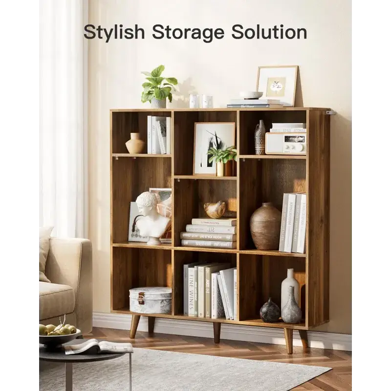 9-Cube Wooden Bookshelf - 3 Tiered Open Horizontal Display Organizer Bookcase Storage Cabinet for Living Room Bookcase