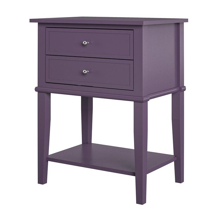 Luxury Wooden Nightstand to Save Space Unique Stylish Purple Sofa Bedside Table with 2 Drawers and Open Shelf