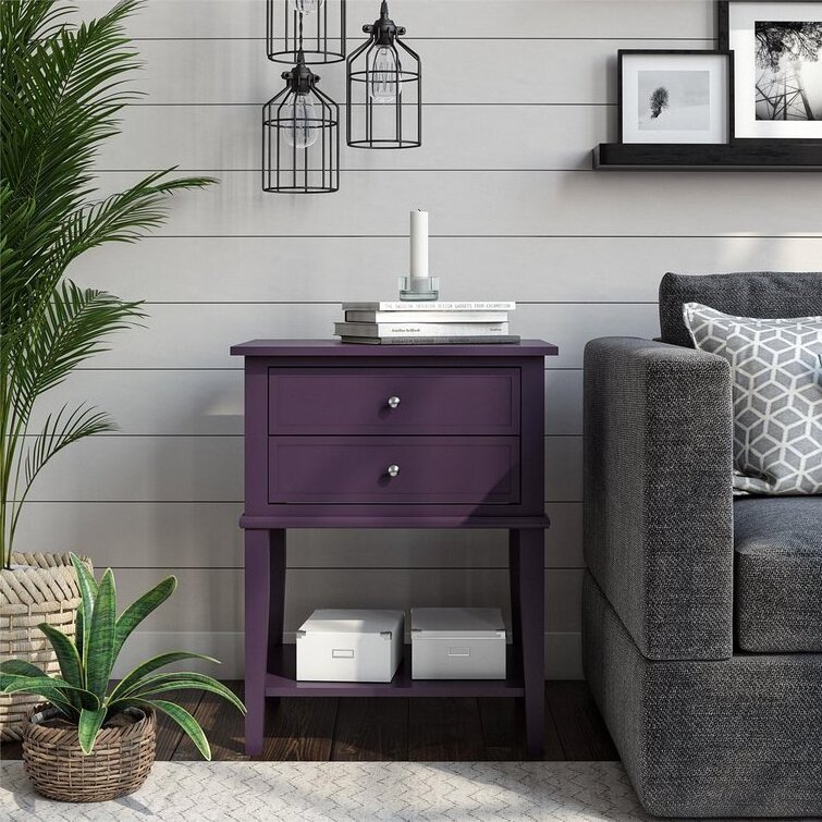 Luxury Wooden Nightstand to Save Space Unique Stylish Purple Sofa Bedside Table with 2 Drawers and Open Shelf