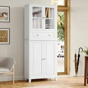 Armoire 76.5" Tall 4-Door 1-Drawer Kitchen Pantry white enclosed wood cabinet