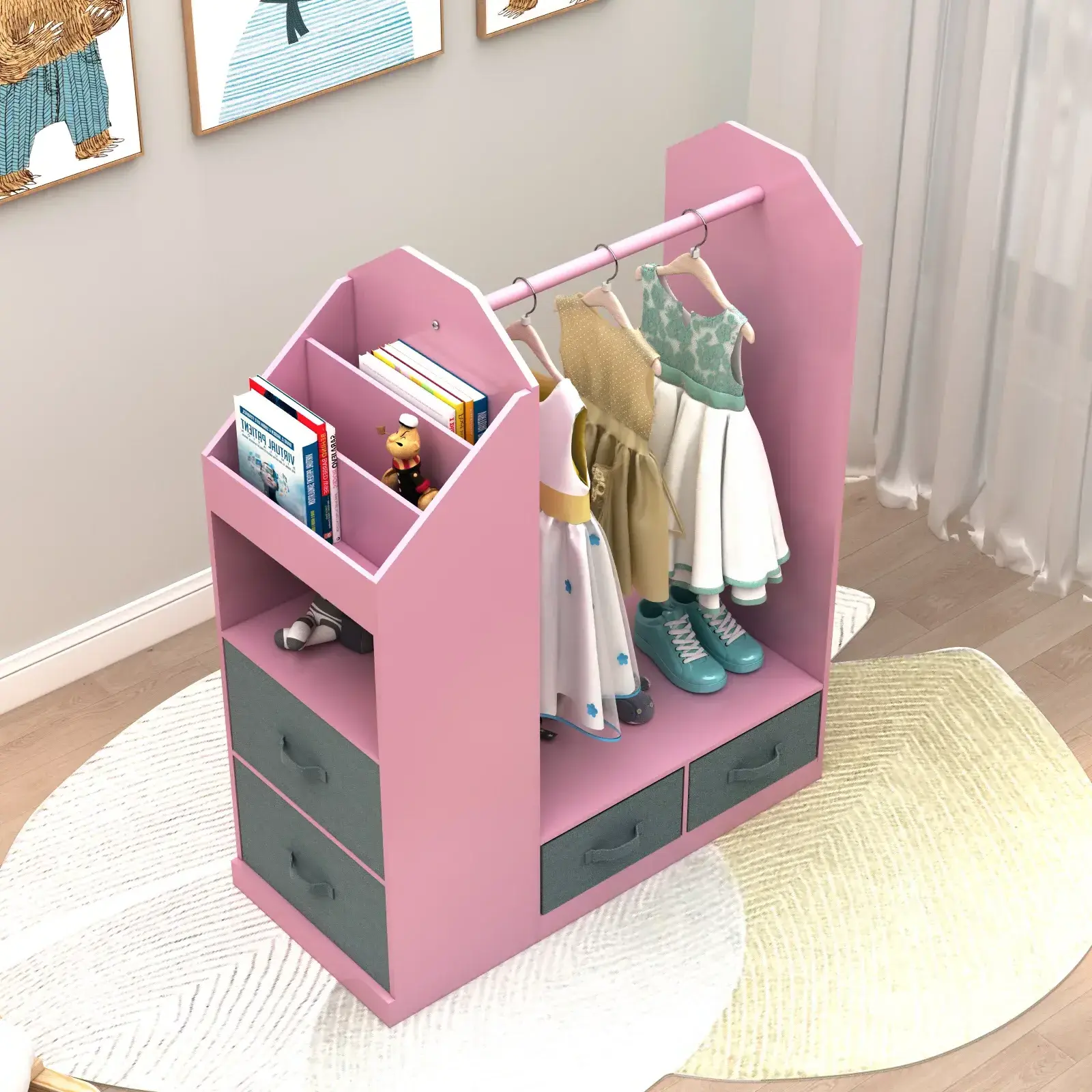 Garment Rack for Pets/Dolls/Baby Dress up Storage with Drawers and Mirror Home Furnishing Kid's Clothes Hanger