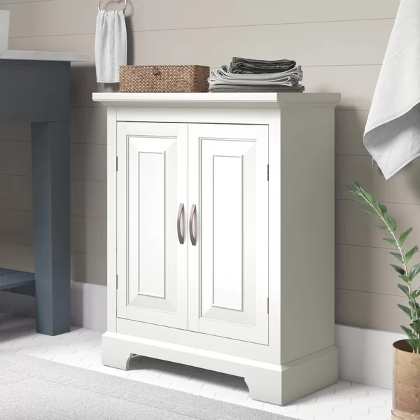 White Floor Standing Wooden Bathroom Storage Cabinet with Shelves Two Doors Small Cabinet