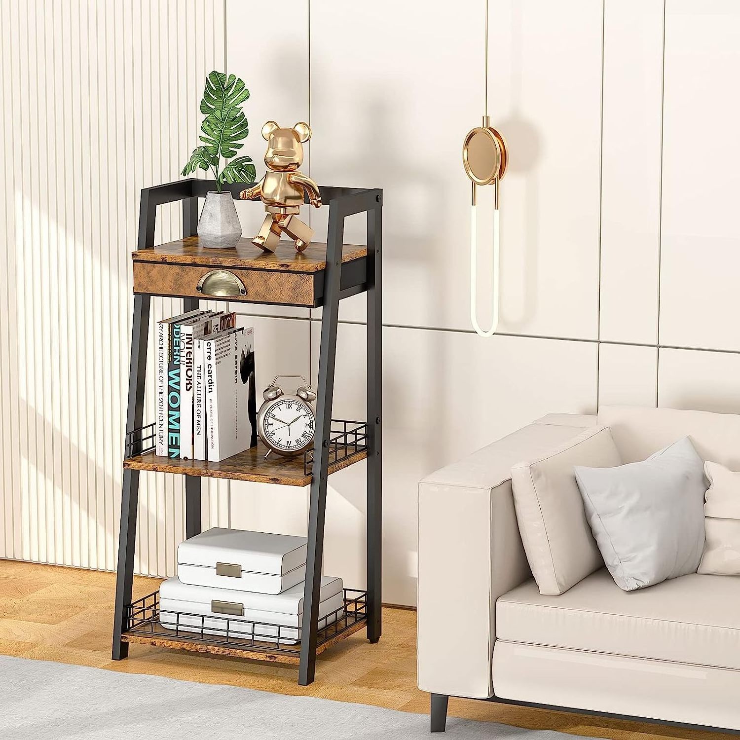 Multi-functional Ladder Shelf with 3 Tiers Modern Storage Rack with Drawer for Living Room and Bathroom