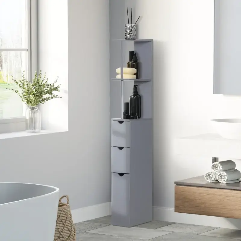 Tall Bathroom Storage Cabinet, Freestanding Linen Tower with 2-Tier Shelf and Drawers, Narrow Side Floor Organizer