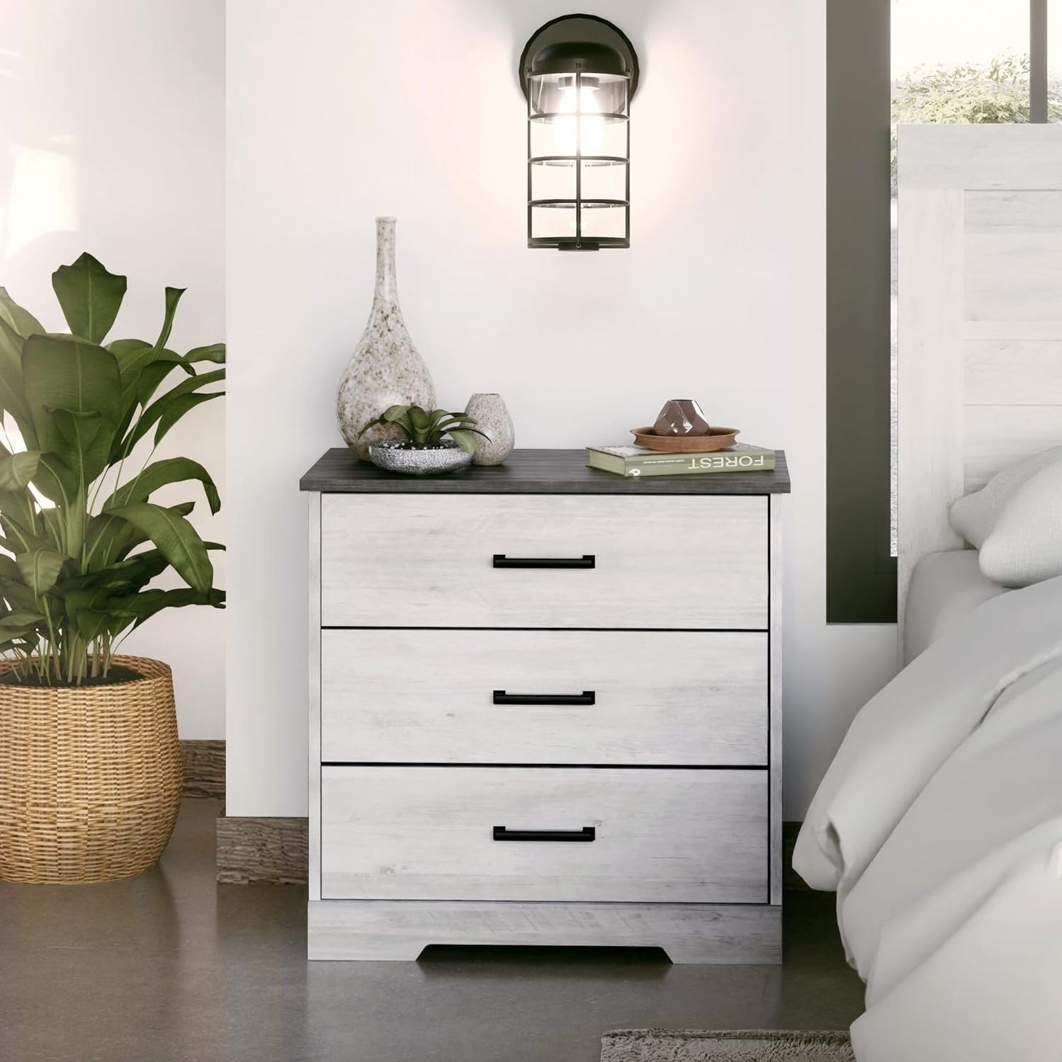 Farmhouse Dresser for Bedroom Furniture Set Perfect Decoration Storage Organizers Nightstand Wooden Chest of 3 Drawers