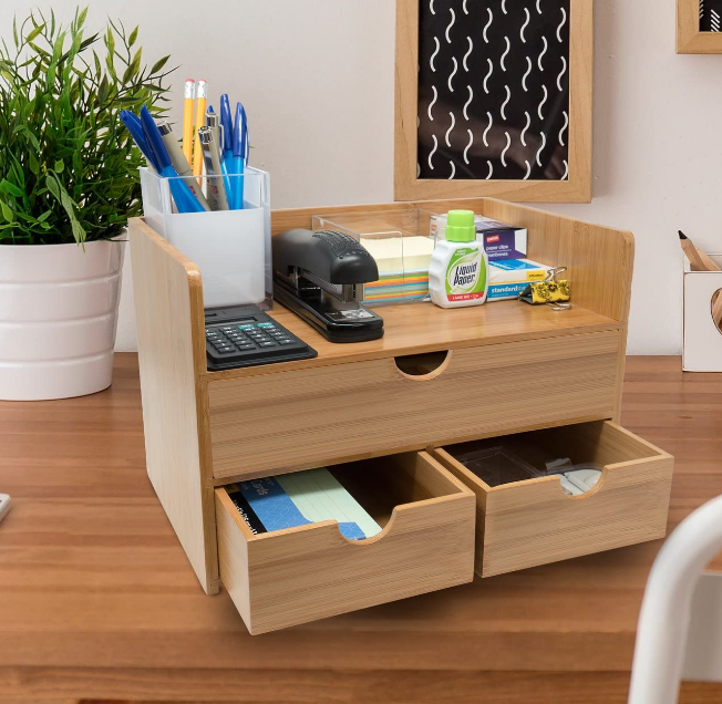 Bamboo Shelf Organizer for Desk with Drawers Mini Desk Storage for Office Supplies, Toiletries, Crafts Great for Desk,