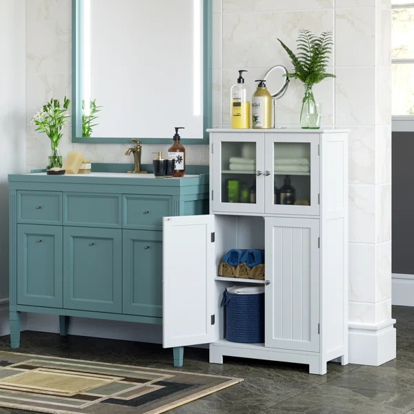 Freestanding Linen Cabinet Beautifully Solid Wood MDF Shelves Bathroom Cabinet With Doors