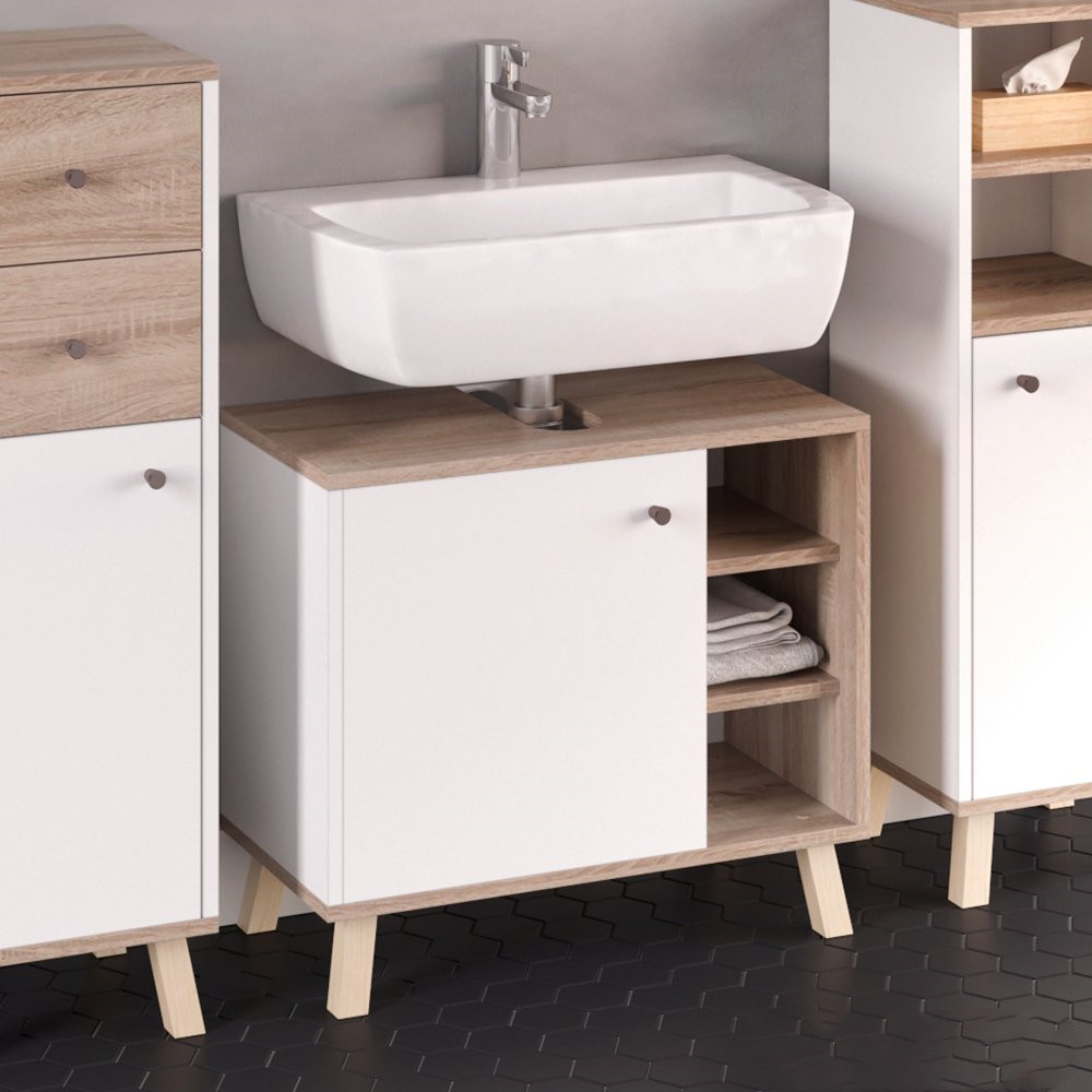 White Under Basin Storage Cabinet Unit Oak Cupboard Unit for Washbasin