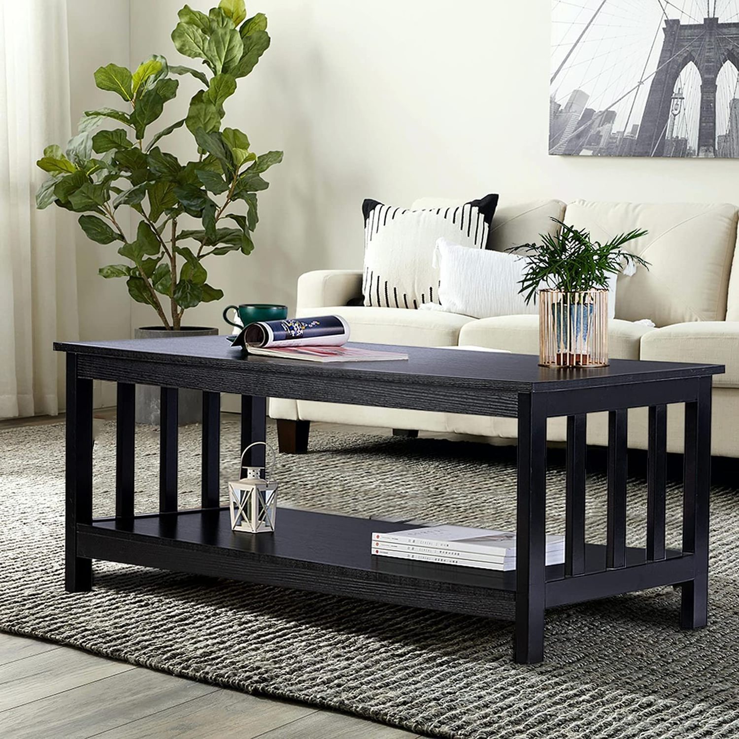 Modern Simple Black Wooden Coffee Table with  Shelf and Slatted Sides for Living Room and Office Room