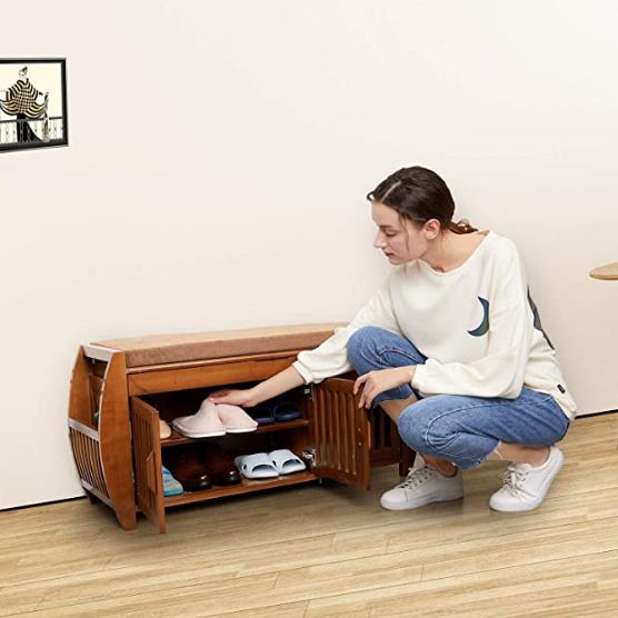 Bamboo Shoe Bench Rack with Removable Cushion, Shoe Storage Organizer Shoe Cabinet for Hallway Entryway