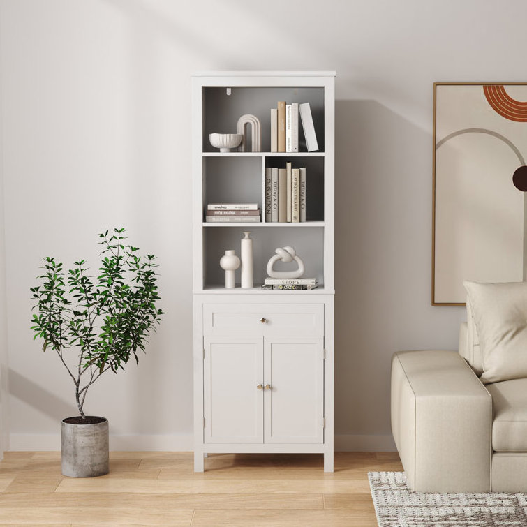 Stylish White Tall Kitchen Pantry with 5 Shelves and 1 Drawer for Dining Room and Living Room