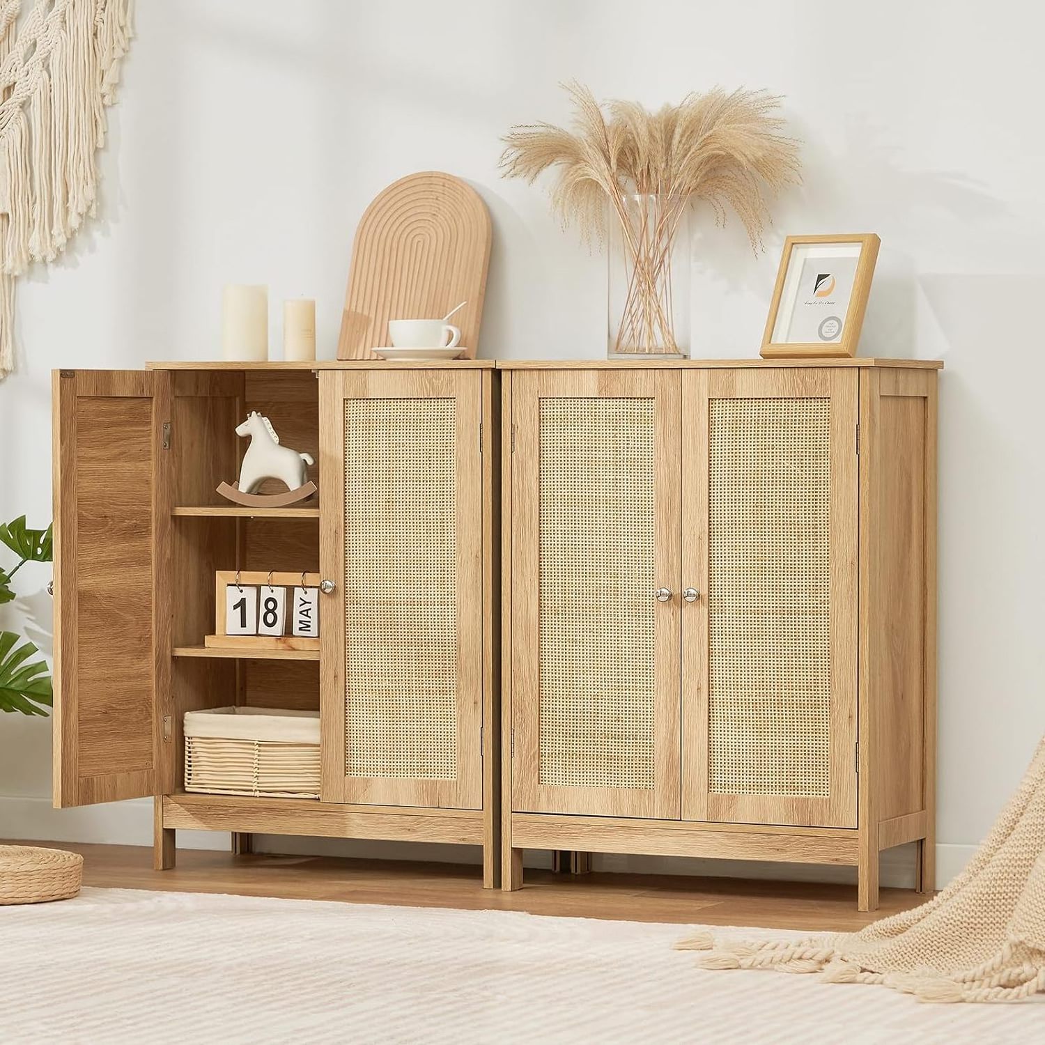 wooden Accent Storage Cabinet with Rattan Doors, Bathroom Storage Cabinet with Adjustable Shelf for Living Room