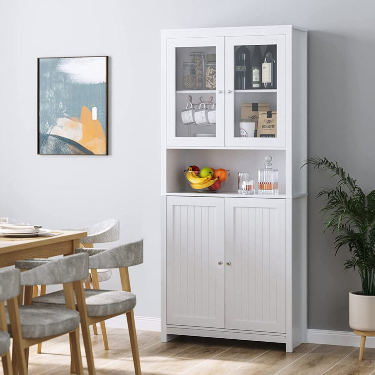 Wooden Kitchen Pantry with 2 Glass Doors and 1 Open Shelf Freestanding Modern Buffet Cupboards Sideboard Design