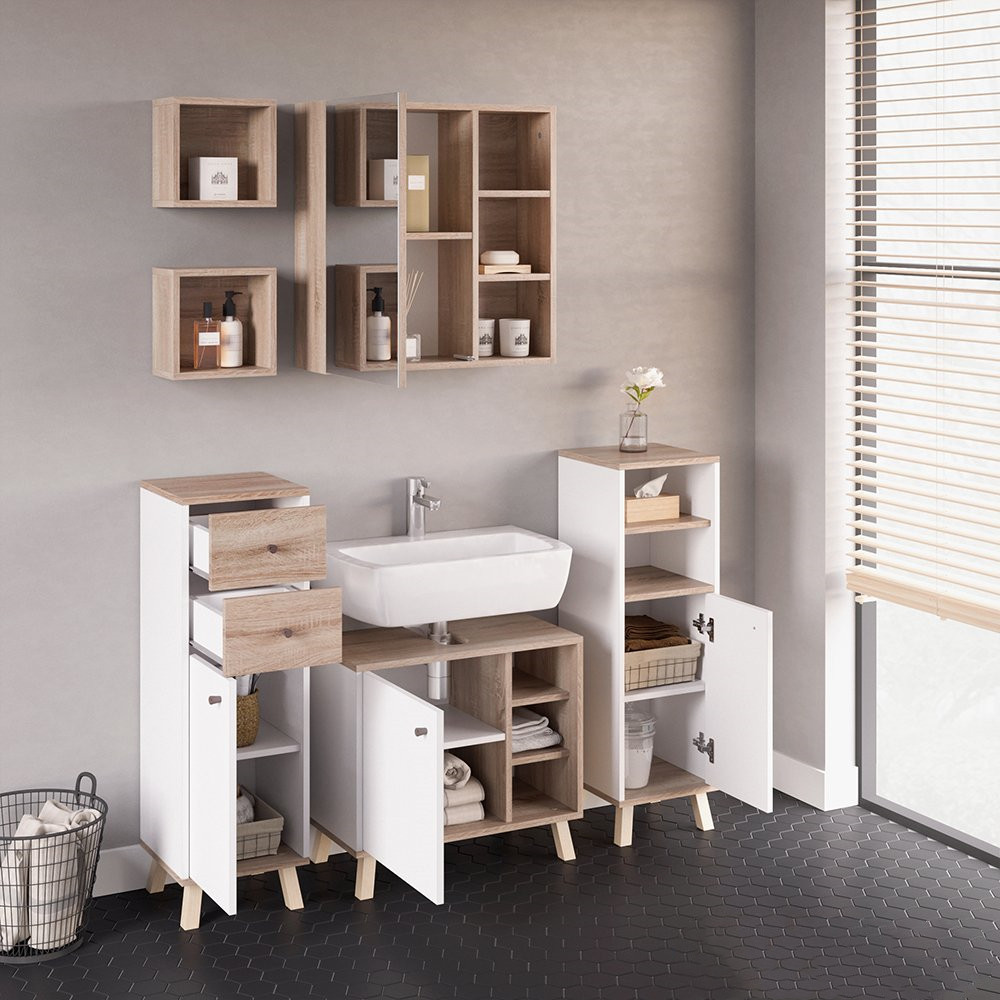 White Under Basin Storage Cabinet Unit Oak Cupboard Unit for Washbasin