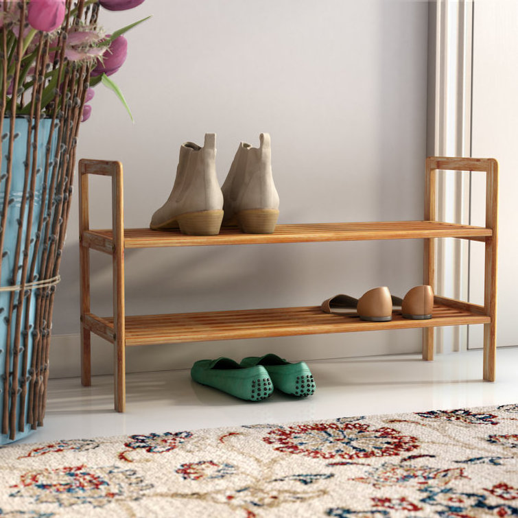 Modern Natural Shoe Rack with 2 Tiers Bamboo Shoe Shelf Free Standing Shoe Racks for Convenient