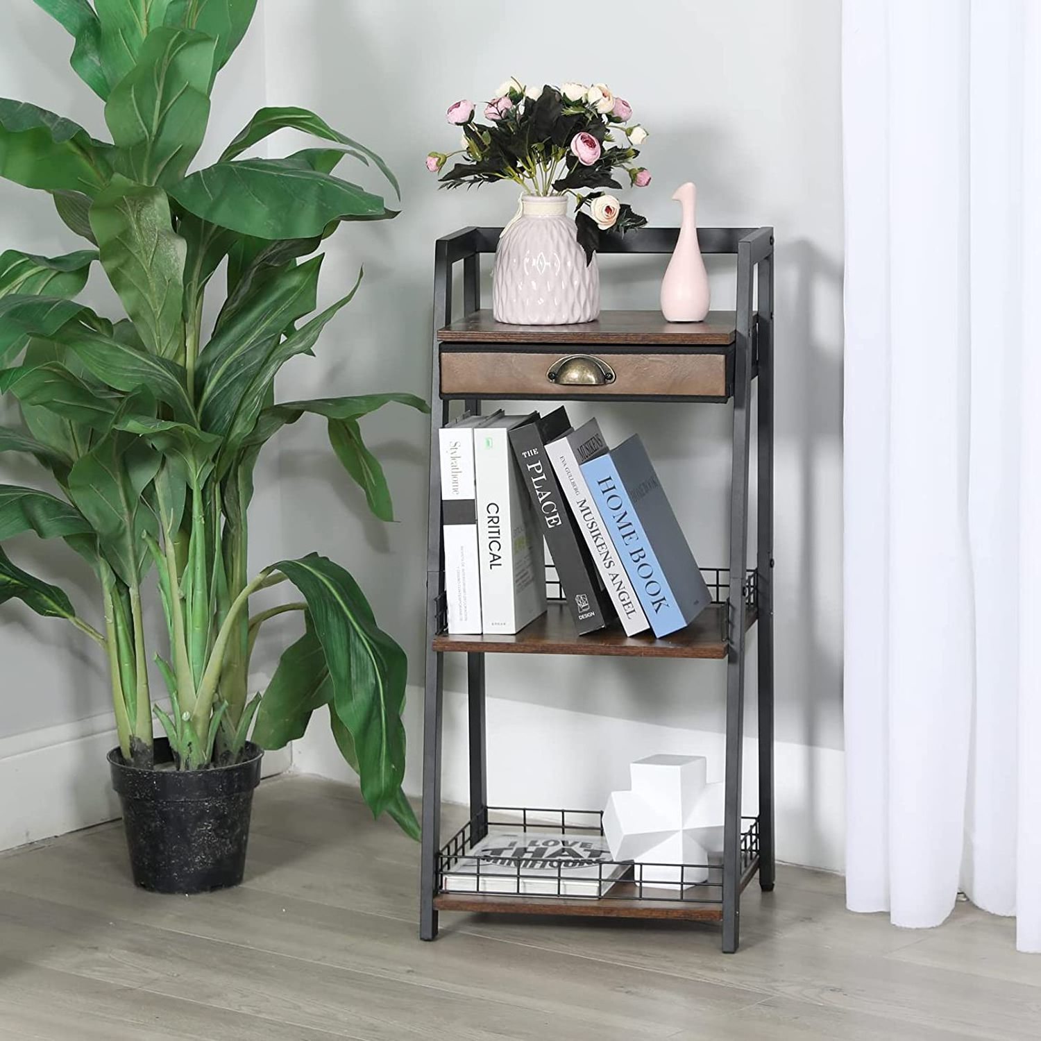 Multi-functional Ladder Shelf with 3 Tiers Modern Storage Rack with Drawer for Living Room and Bathroom