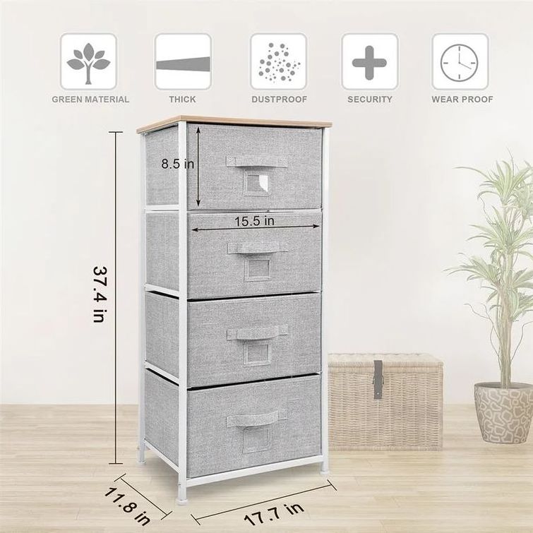 Chest of Drawers Bedroom Drawer Storage Unit Dresser with 4 Fabric Drawers Metal Frame Tall and Slim for Closet