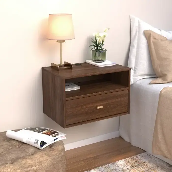 Modern Floating Bedroom Nightstand with Storage Drawer and Open Shelf  Wall Mounted Nightstand Bed Side Table