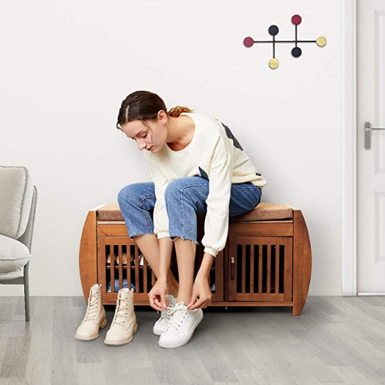 Bamboo Shoe Bench Rack with Removable Cushion, Shoe Storage Organizer Shoe Cabinet for Hallway Entryway