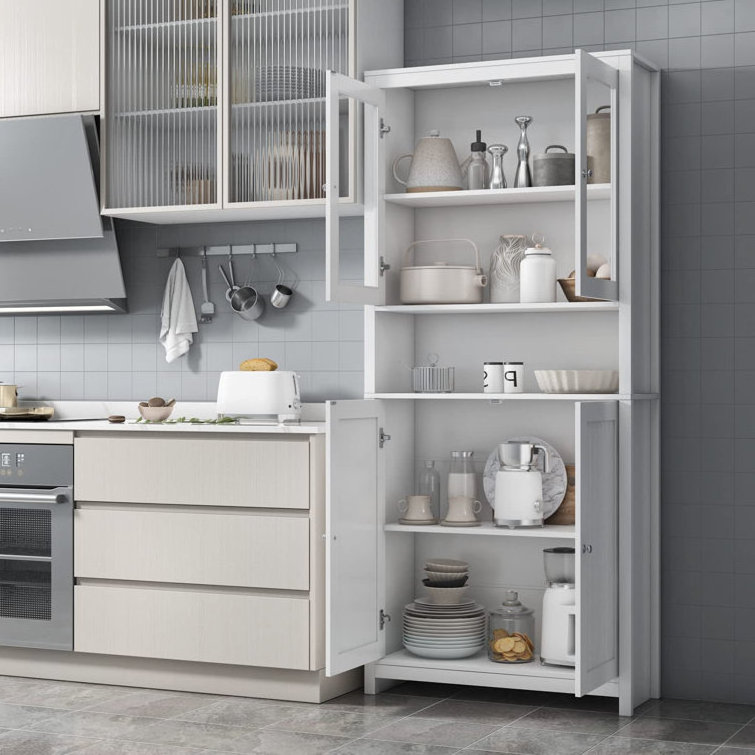 Wooden Kitchen Pantry with 2 Glass Doors and 1 Open Shelf Freestanding Modern Buffet Cupboards Sideboard Design