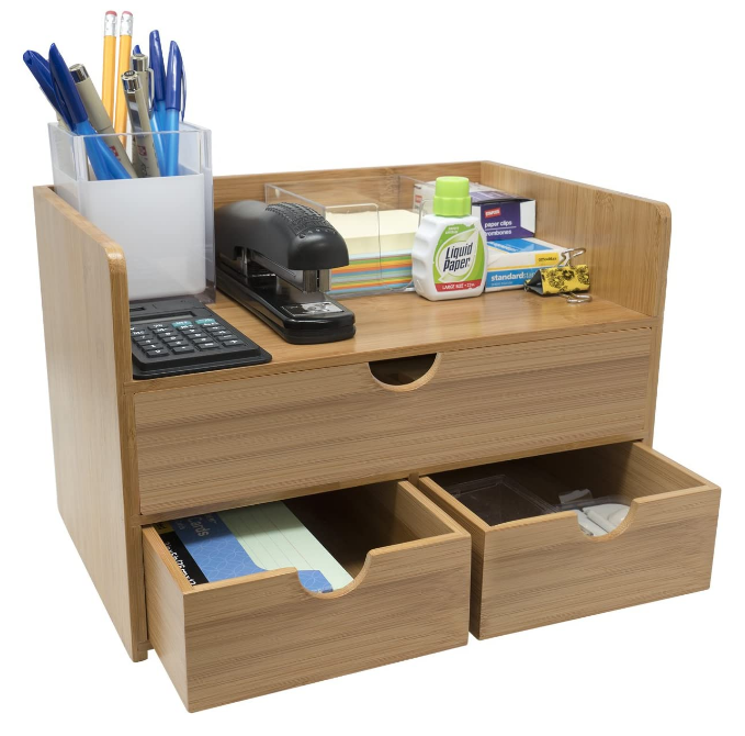 Bamboo Shelf Organizer for Desk with Drawers Mini Desk Storage for Office Supplies, Toiletries, Crafts Great for Desk,