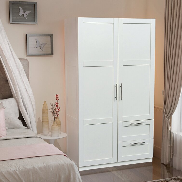 High Quality White 2 Doors Built In Clothing Rods And Shelves/2 Drawers Designed Armoire Wardrobes Wooden Closets