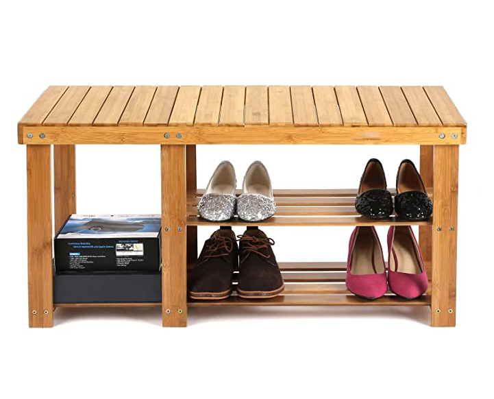 Bamboo Shoe Rack Bench 3-Tier Entryway Storage Organizer with Seat Shoe Shelf for Boots Multi Function Furniture for Hallway