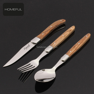 Laguiole  Style  flatware cutlery.  olive Wood Handle,  Include Steak Knife Fork Spoon Set-Stainless Steel Mirror Bolsters