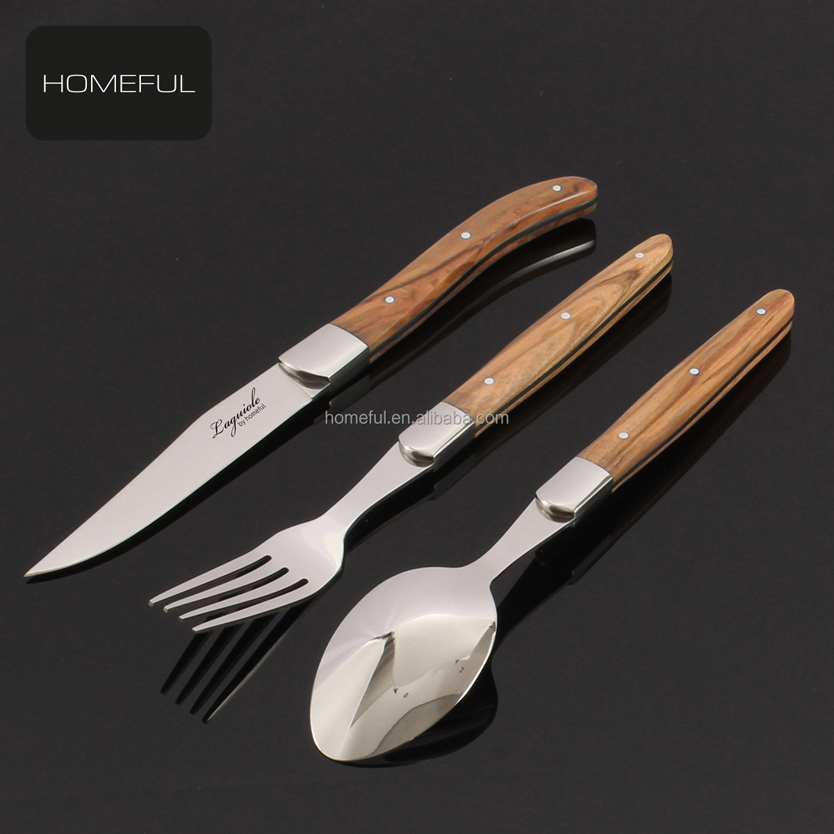 Laguiole  Style  flatware cutlery.  olive Wood Handle,  Include Steak Knife Fork Spoon Set-Stainless Steel Mirror Bolsters