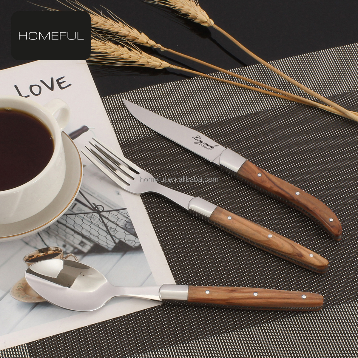 Laguiole  Style  flatware cutlery.  olive Wood Handle,  Include Steak Knife Fork Spoon Set-Stainless Steel Mirror Bolsters