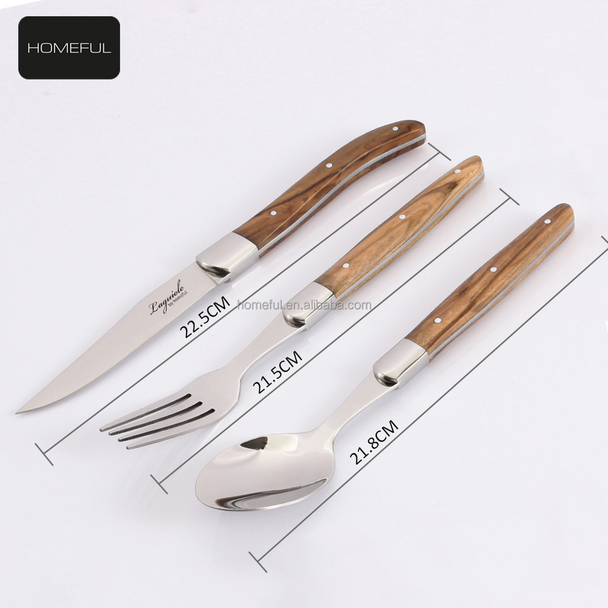 Laguiole  Style  flatware cutlery.  olive Wood Handle,  Include Steak Knife Fork Spoon Set-Stainless Steel Mirror Bolsters