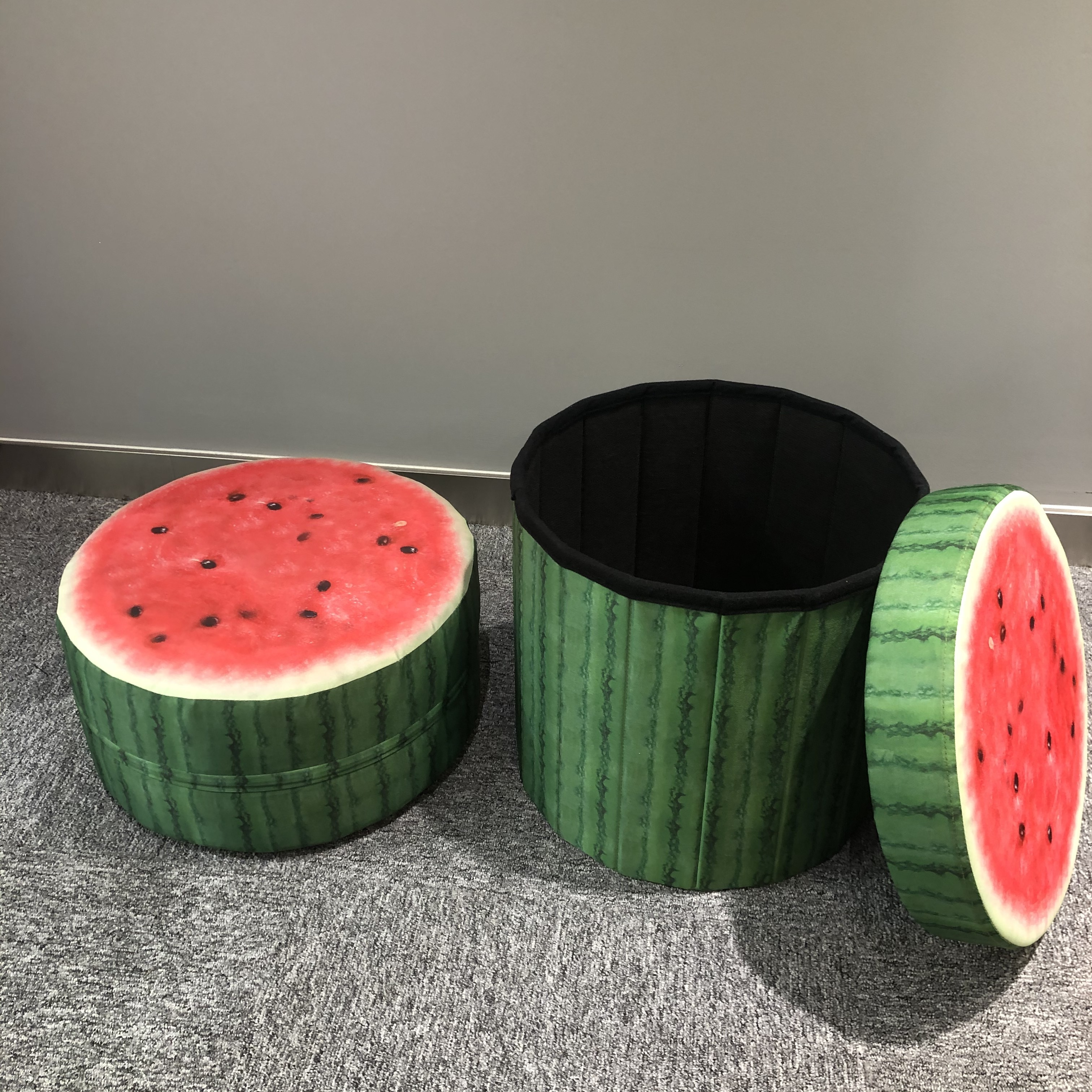 2023 Factory customized  kids children Kiwi fruit watermelon printing polyester folding decor storage ottoman round chair