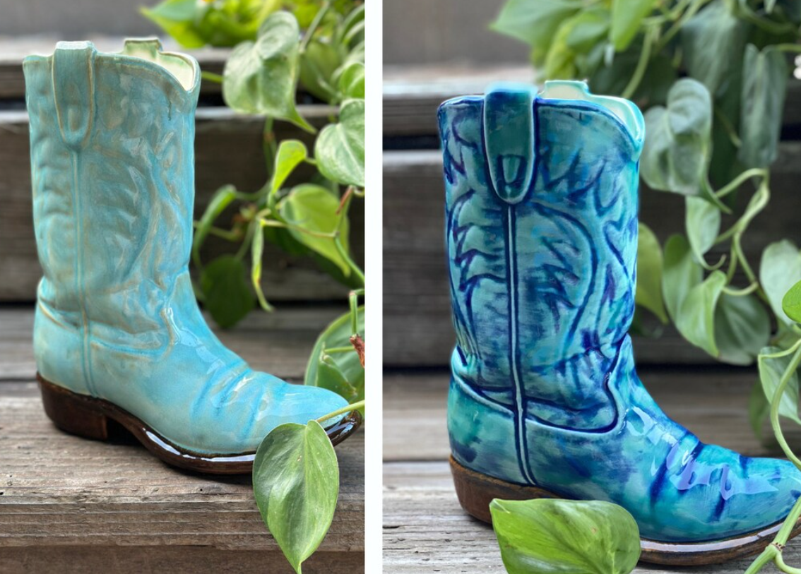 Custom color ceramic cowboy boot vase