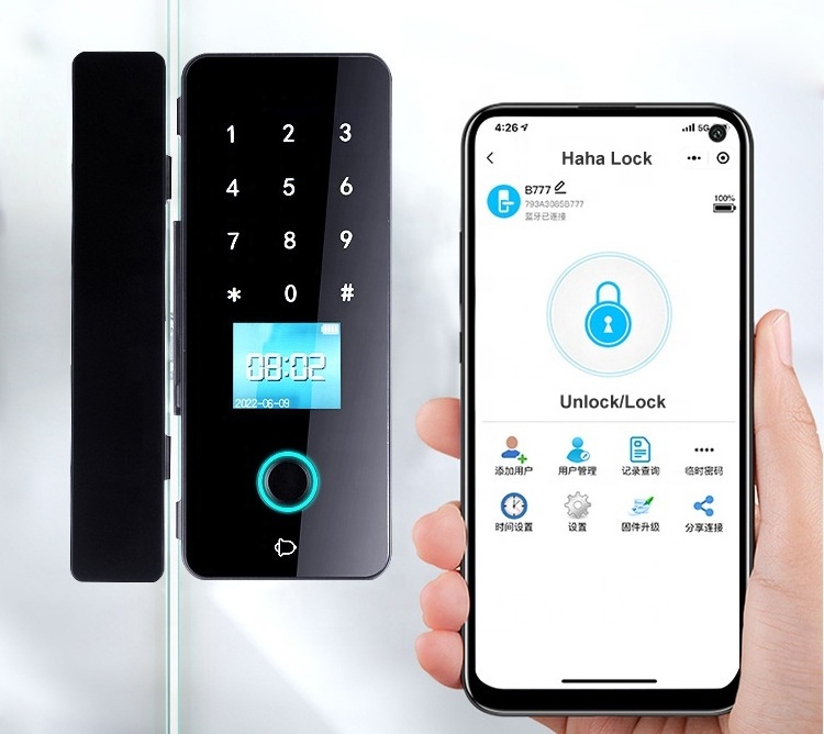 smart glass door fingerprint lock hook with display screen safety app key password card fingerprint office smart lock