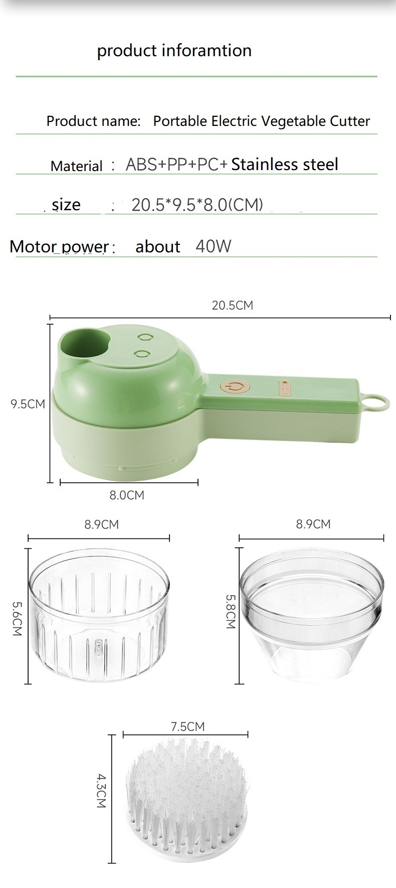 Portable 4 in 1 Handheld food garlic Cutter cortadora de verduras electric Electric Vegetable  Slicer Kitchen Chopper with brush