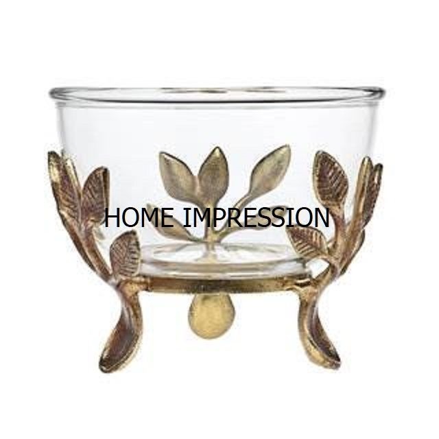 clear glass bowl with gold plated leaf and edge decoration fruit centerpiece bowl