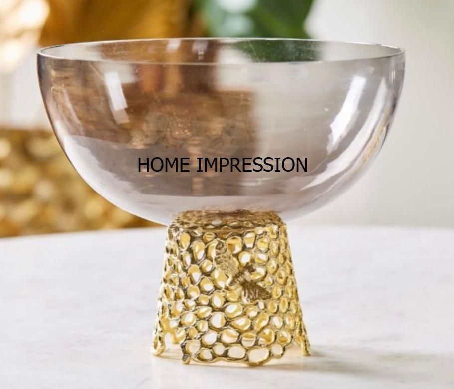 clear glass bowl with gold plated leaf and edge decoration fruit centerpiece bowl