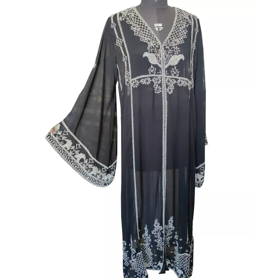 Dubai Islamic High Quality O Neck Bell Sleeves Embroidered Handmade Kaftans Maxi Long Abaya Dress For Muslim Women