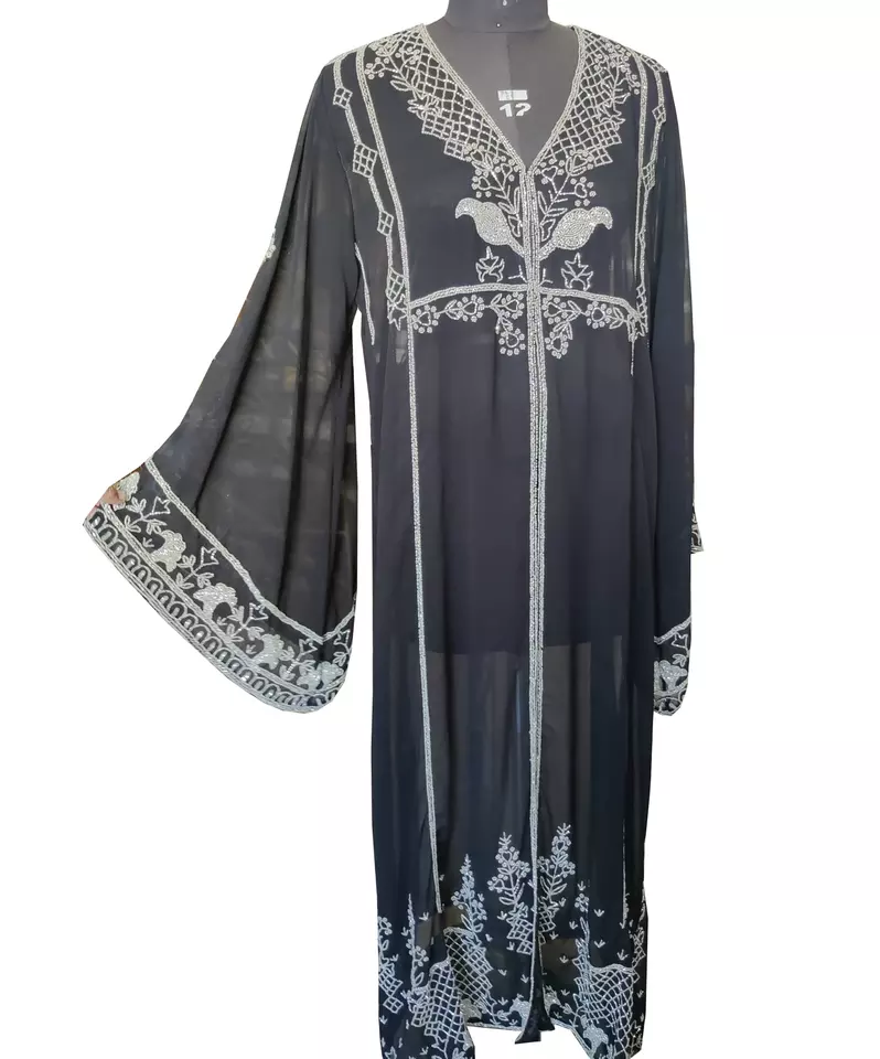 Dubai Islamic High Quality O Neck Bell Sleeves Embroidered Handmade Kaftans Maxi Long Abaya Dress For Muslim Women