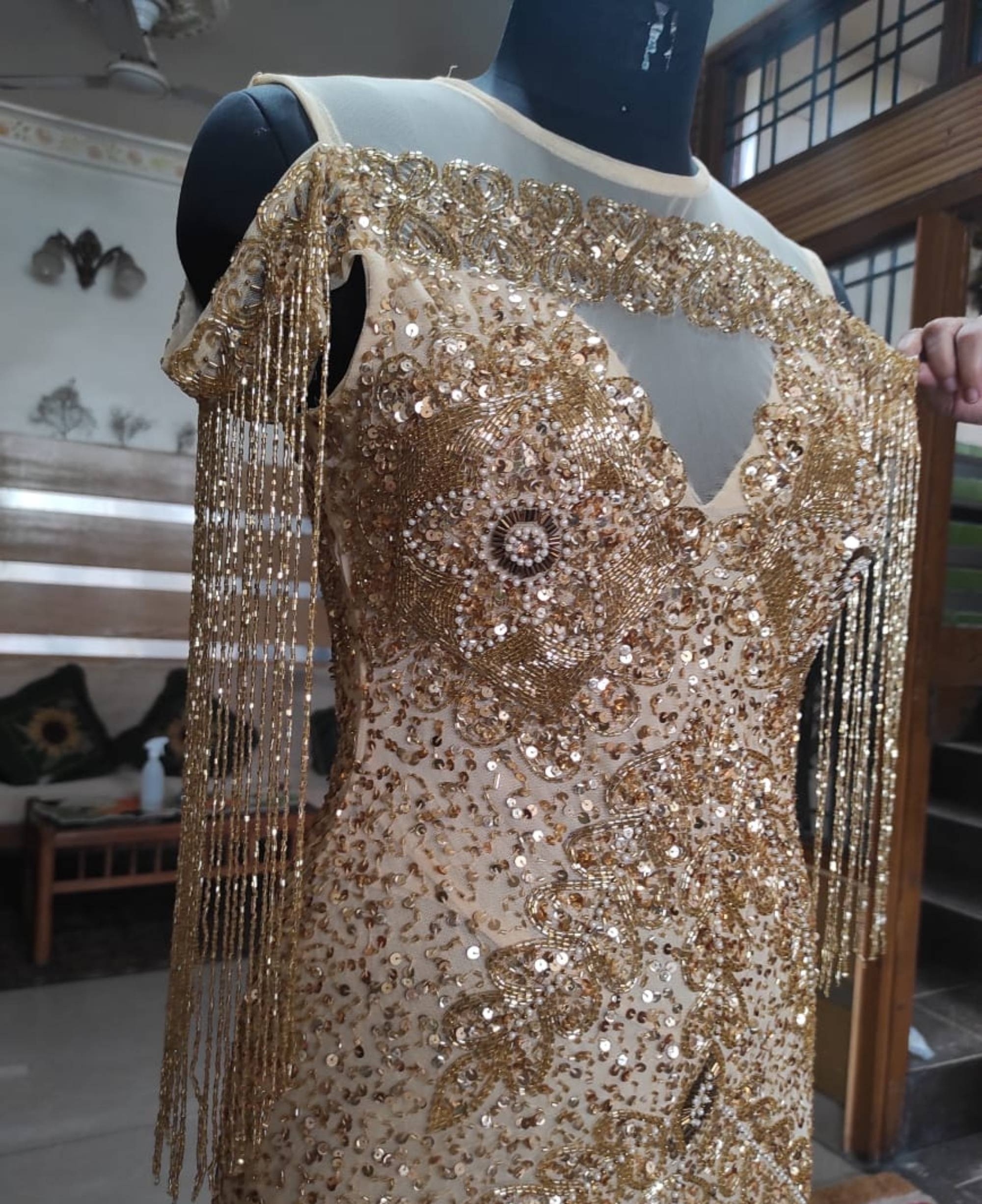 All Sizes Wholesale Very Beautiful Hand Embroidered/ Hand Beaded Dazzling Golden Cocktail Dresses with beaded Fringe