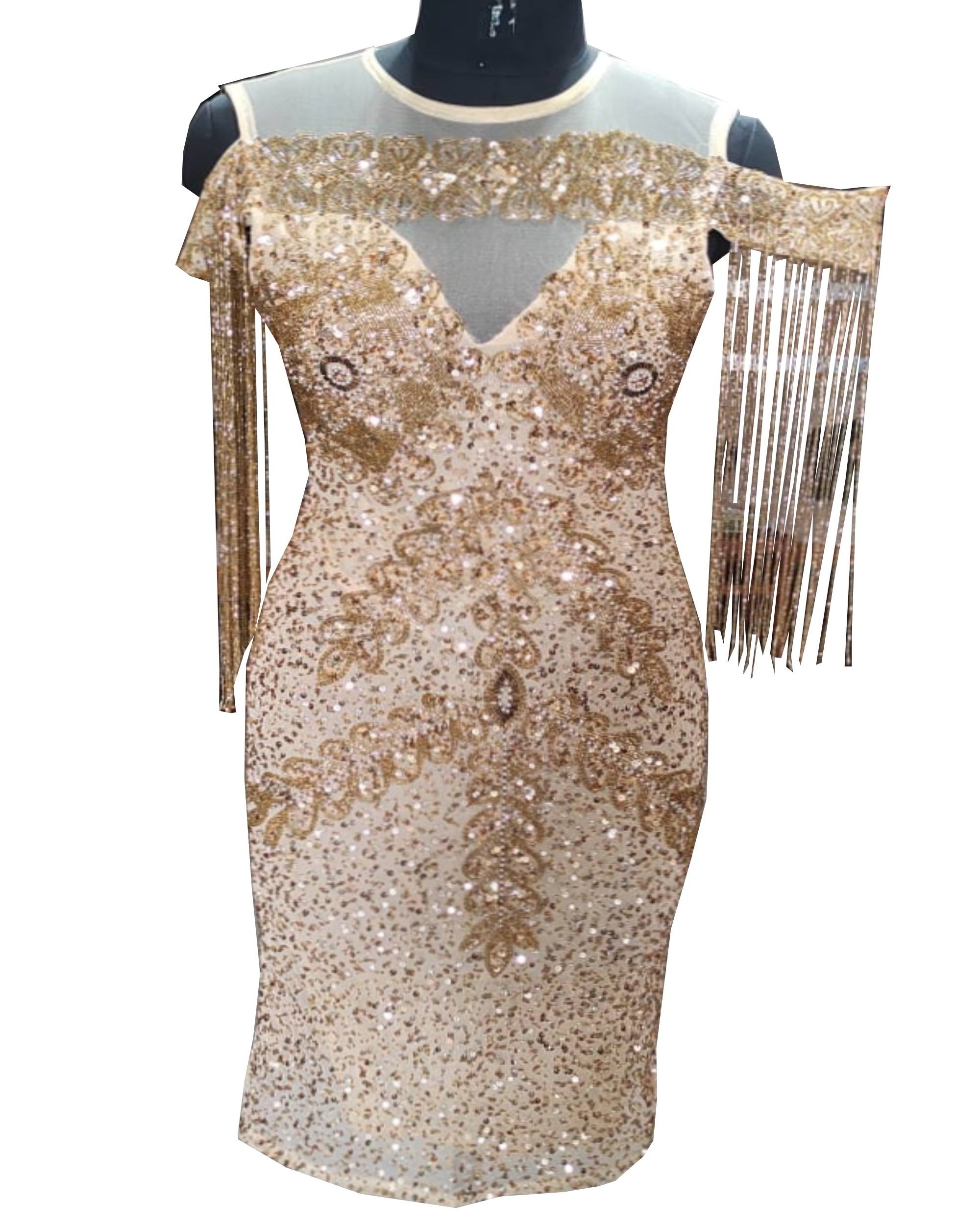 All Sizes Wholesale Very Beautiful Hand Embroidered/ Hand Beaded Dazzling Golden Cocktail Dresses with beaded Fringe