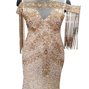 All Sizes Wholesale Very Beautiful Hand Embroidered/ Hand Beaded Dazzling Golden Cocktail Dresses with beaded Fringe