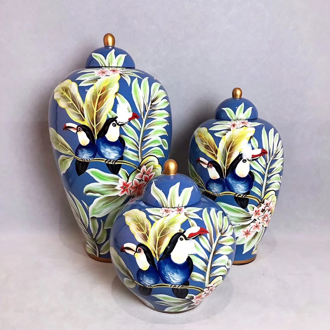 Art Deco Household Table Decoration Home Decor Luxury Ceramic Bohemia Big Blue Gold Metal Lidded Flower Floral Ginger Jar Vase