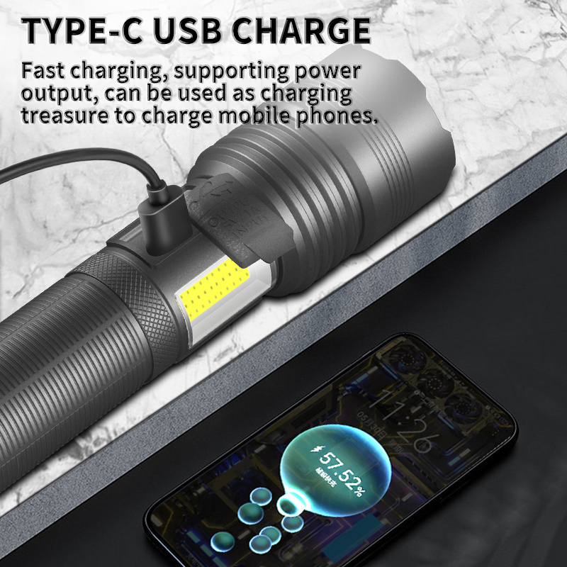 2024 Hot portable 8-mode adjustable high-light XHP70 Camping Emergency Household flashlight with COB side lights