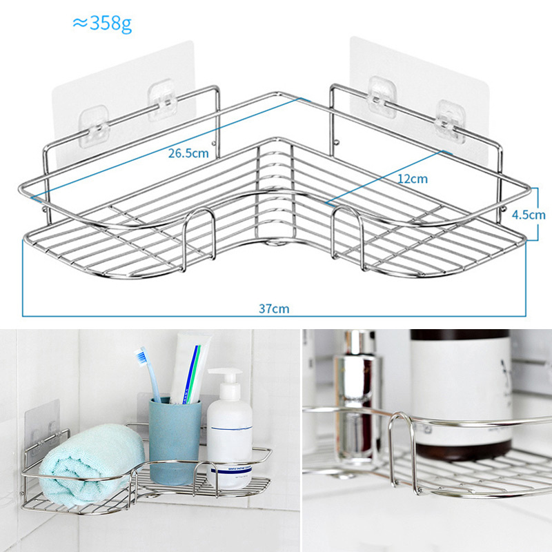 Wall Mounted Adhesive Corner Shower Shelf Caddy Rack Bathroom Corner Stainless Steel Shelf Organizer